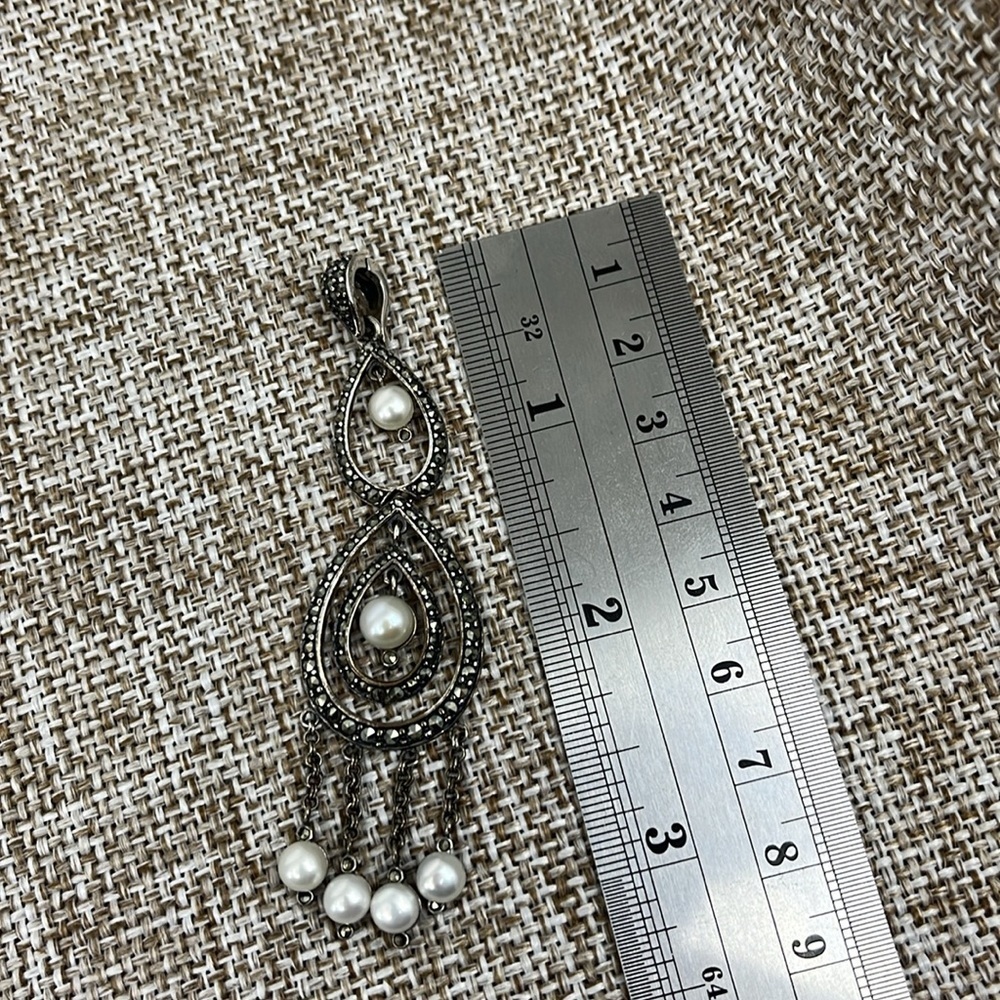 Vintage Suspicion Marcasite & Pearl Pendant 🌟 Sterling Elegance - Picture 5 of 14